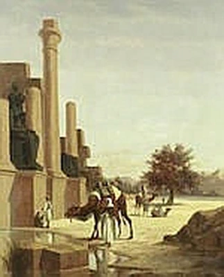 Cammelli e cavalieri che riposano davanti a un tempio